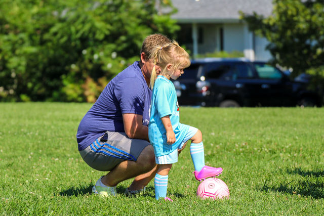 Parent and toddler in HappyFeet KC Little Toes soccer class, Kansas City