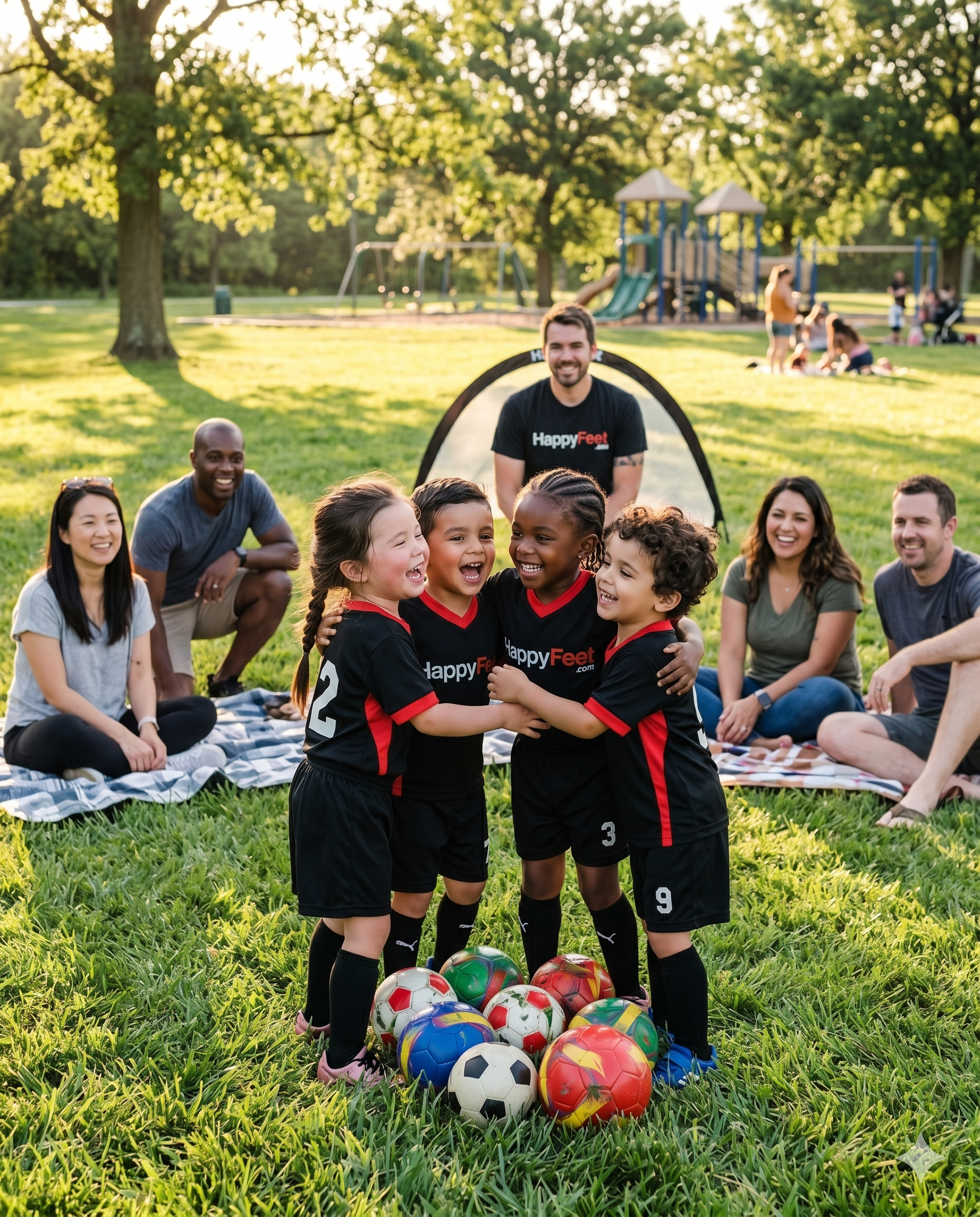 Young soccer team celebrating together at a HappyFeet youth league in Kansas City, ages 2 to 6