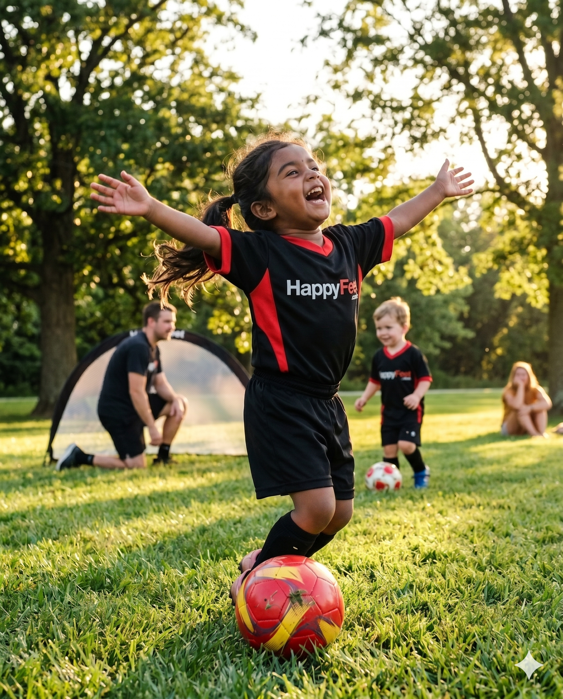 Child fully engaged and expressive at a HappyFeet imagination-based soccer session in Kansas City
