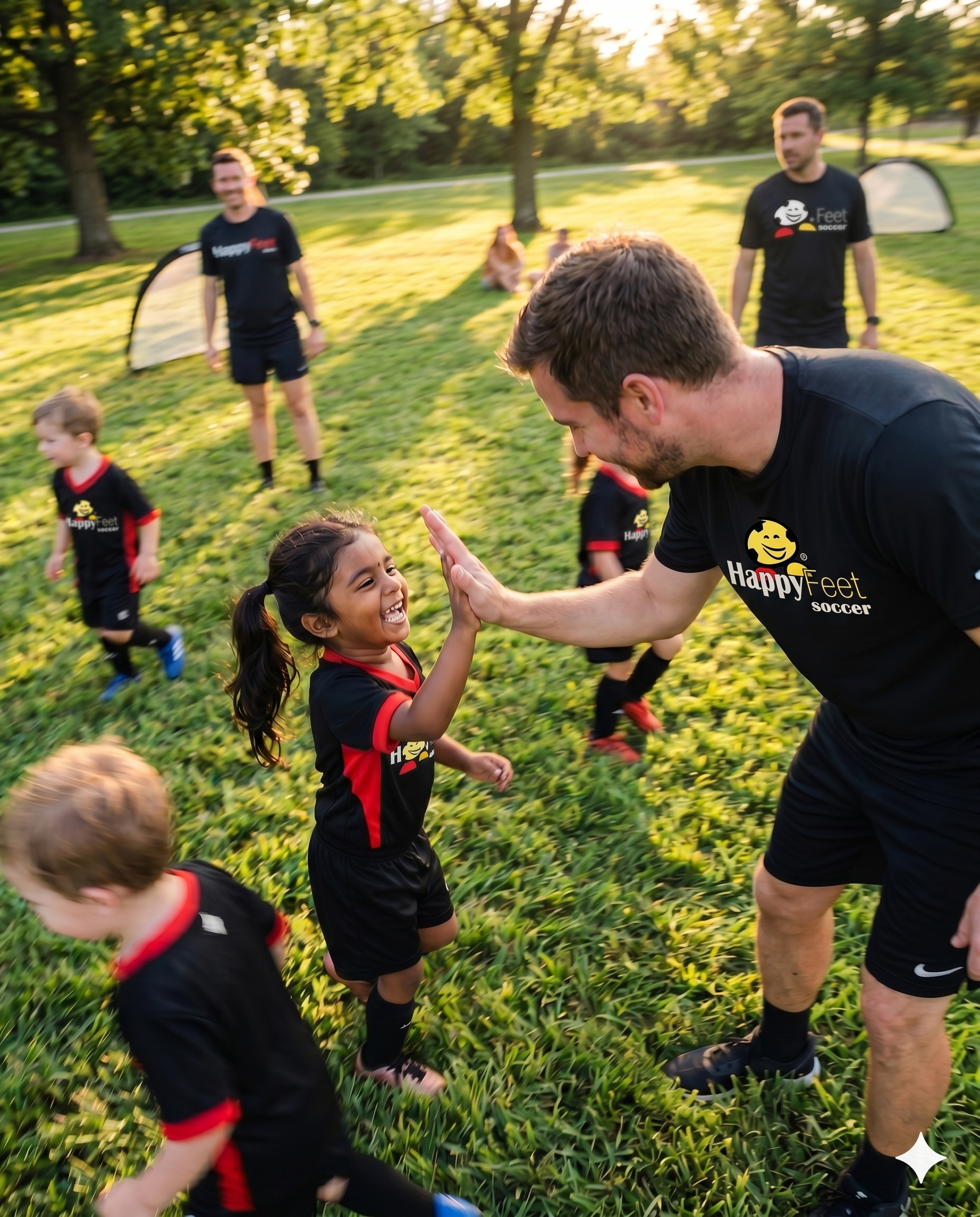 Young child high-fiving a HappyFeet coach during a toddler soccer class in Overland Park, KS