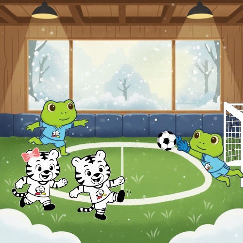 Kids playing soccer at a HappyFeet indoor class